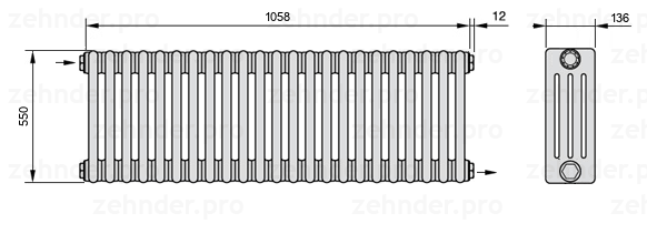 Схема (чертеж) Радиатор Zehnder Charleston 4055/23 №1670 Белый глянцевый RAL 9016